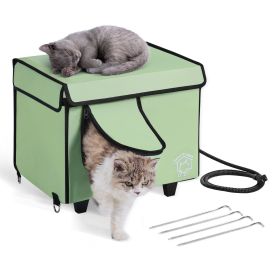 VEVOR Elevated Heated Cat House, Cuboid Kitty Shelter with Adjustable Temperature and Timer (size: Green-Small)